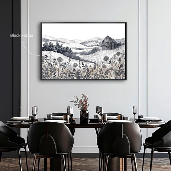 Countryside With Rolling Hills Poster Black White Landscape Wall Art Fields Poster Rustic Decor Ready To Hang, Unframed Poster Size 8x12