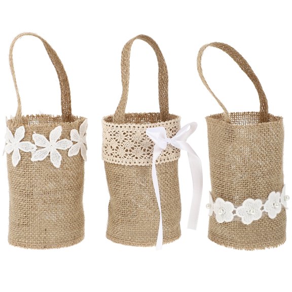 3 cestas de lino para niña de las flores, cestas de arpillera para boda, cestas de almacenamiento de mano