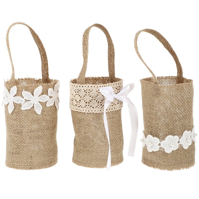 3 cestas de lino para niña de las flores, cestas de arpillera para boda, cestas de almacenamiento de mano