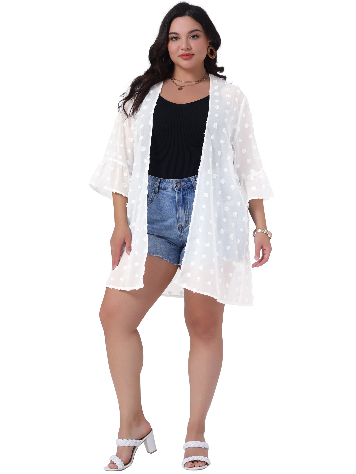 DARING DIVA Plus Size Half Sleeve Shrugs Open Front Chiffon Tops 1X White