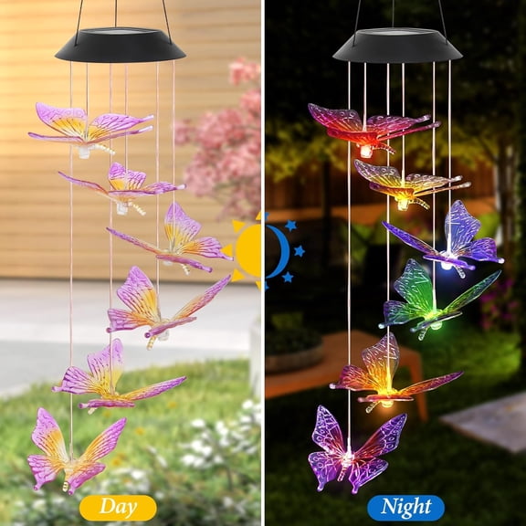 Purple Butterfly Solar Wind Chime, Color Changing LED Light Sensor Hanging Wind Chime, IP65 Waterproof Outdoor Garden Patio Decor, Ideal Gift for Mom Women