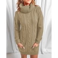 thumbnail image 2 of Vestido casual de punto con cuello alto, manga larga y bolsillo, vestido tipo suéter suelto para mujer, color caqui S, 2 of 6