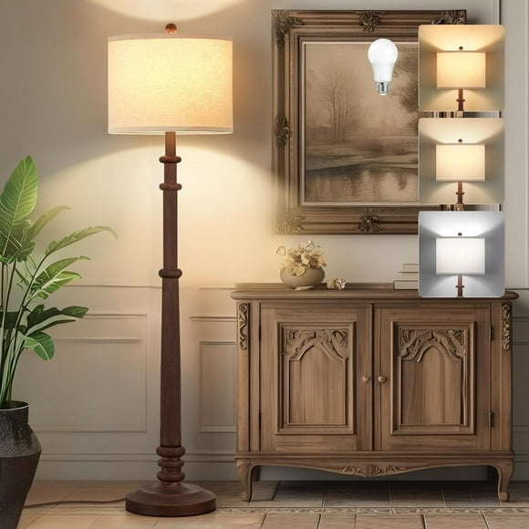 NATYSWAN Floor Lamps for Living Room - 60" New Upgrade Resin Farmhouse Floor Lamp with 3 Colour Temperatures - Vintage Standing Lamp Reading Light with Linen Shade Tall Lamp for Bedroom Office