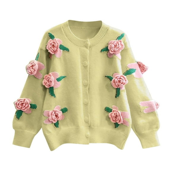 Knitted Cardigans for Women Floral Button Cardigan Cropped Lantern Long Sleeve Open Front Sweater Fall Knit Coat (Green Free Size)