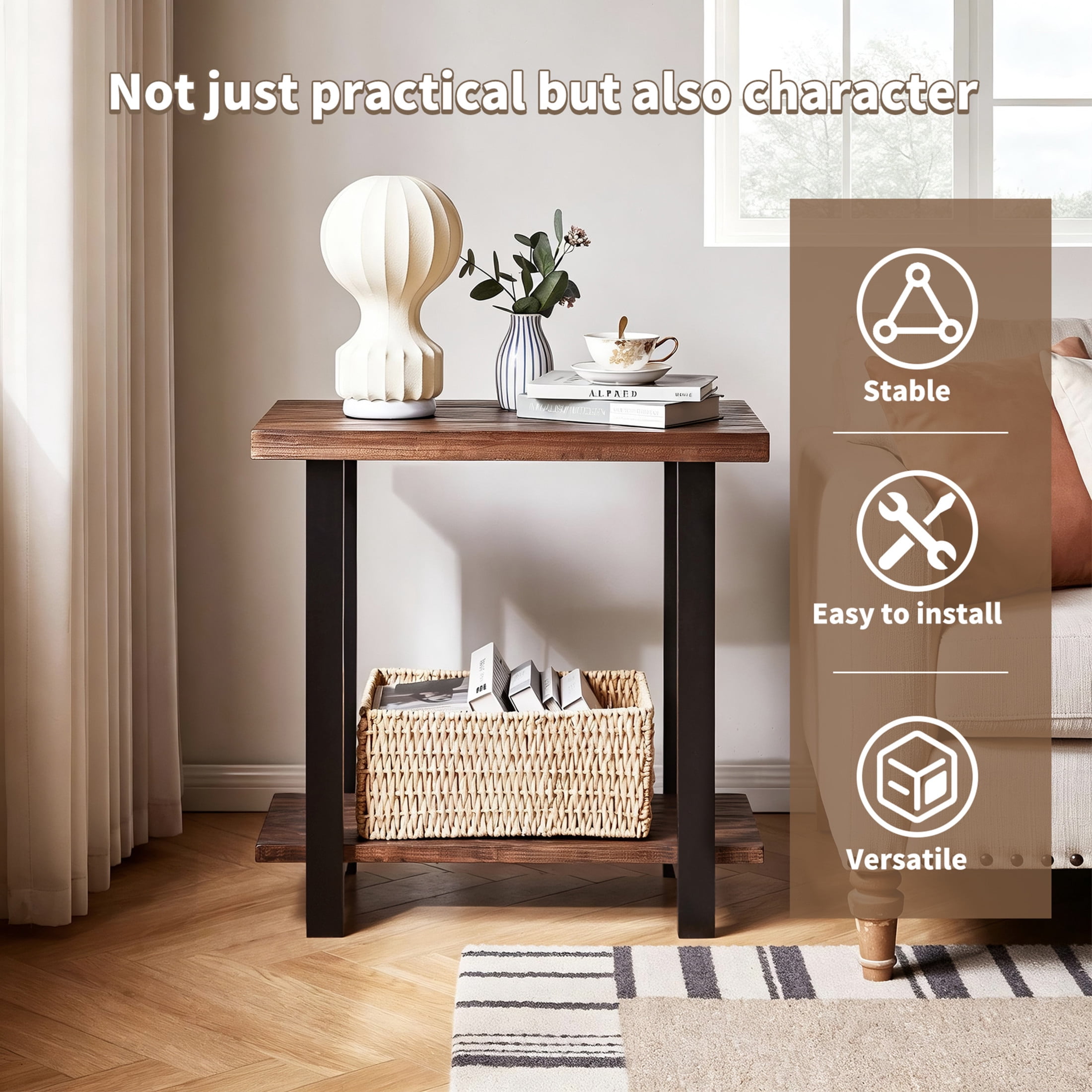 Noble House Caldon 2-Tier Industrial End Table with Pine Top & Rubber Wood Legs, Storage Sofa Side Table, Walnut & Black