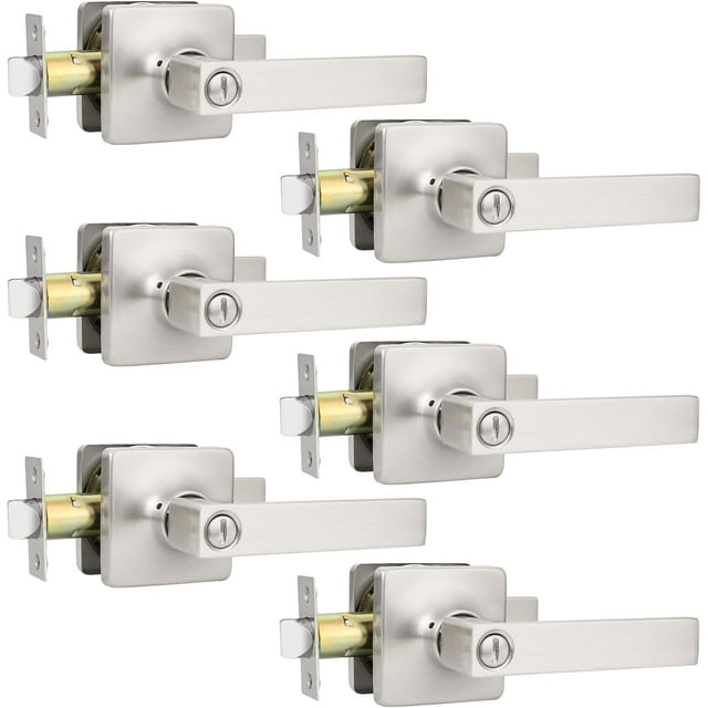 Poignées de Porte en Nickel Brossé Levier de Porte en Nickel Utilisation Privée Ensemble de Serrure de Porte Intérieur Poignée de Porte de Salle de Bain/chambre Nickel Satin Réversible pour Portes Latérales Gauche Droite