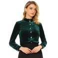 thumbnail image 1 of Blusa de terciopelo para mujer con volantes y cuello alto, manga larga, con botones Verde oscuro L, 1 of 5
