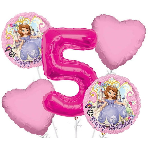Sofia The First Balloon Bouquet 5 pc, 5th Birthday, Hotpink Number 5 Jumbo BalloonCollection
