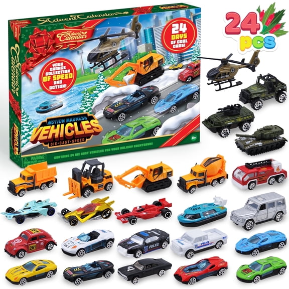 Joyfy 2026 Christmas Advent Calendar 24 Days Countdown Calendar Diecast Cars Set,Christmas Vehicle Toys for Boys Kids Party Favors Classroom Prizes Xmas Gift