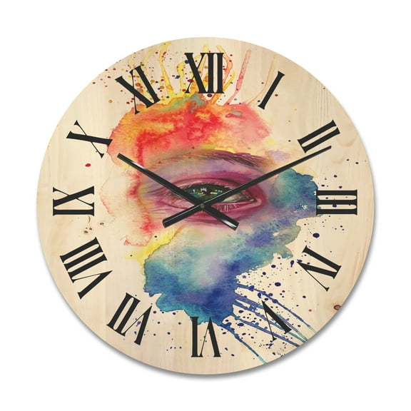 Designart 'Detail of Eye In Rainbow-Colored Face Portrait' Bohemian & Eclectic Wood Wall Clock