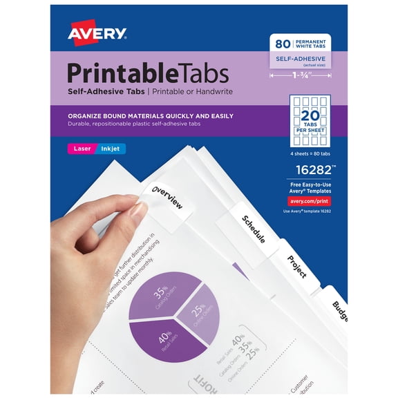 Avery® Printable Self-Adhesive Plastic Tabs, 1-3/4", White (16282)