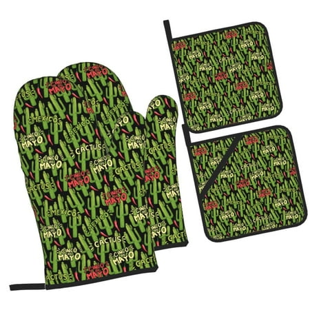 

Zeuib Green Cacti And Red Chili Oven Mitts and Potholders BBQ Gloves Kitchen Oven Glove High Heat Resistant 500 Degree Extra Long Oven Mitts and Potholder with Non-Slip Silicone Surface for Cooking