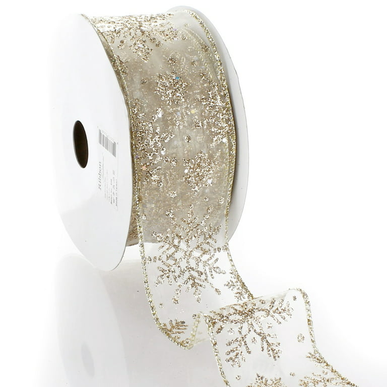 2 1/2 Wired Ribbon Glitter Snowflakes Satin Light Gold