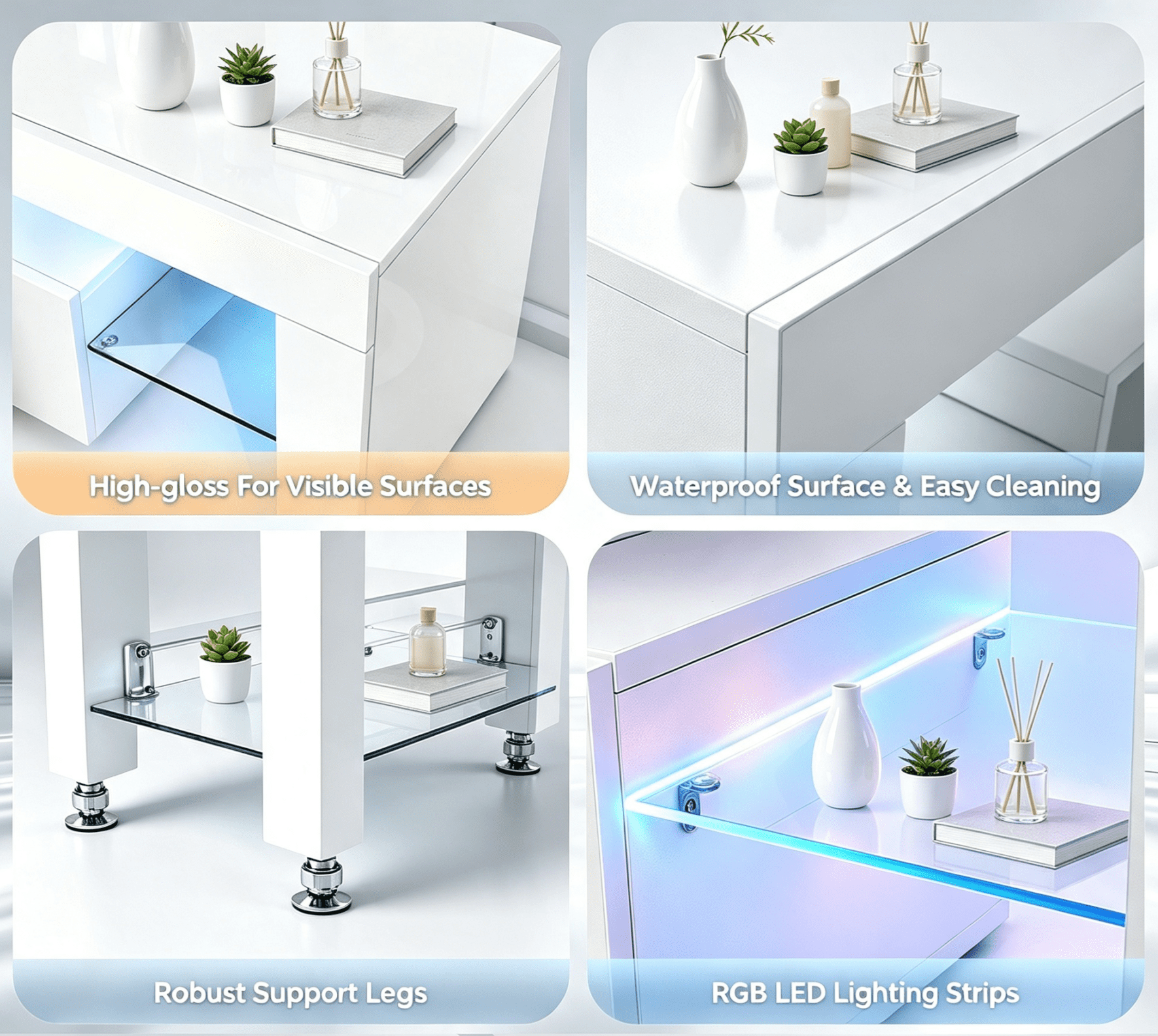 TV Stand with RGB LED Lights, MDF Entertainment Center with 2 Drawers & Tempered Glass Shelves, Modern Media Console Table for TVs Up to 70 Inches, White High Gloss 61.4x13.8x15.7 Inches