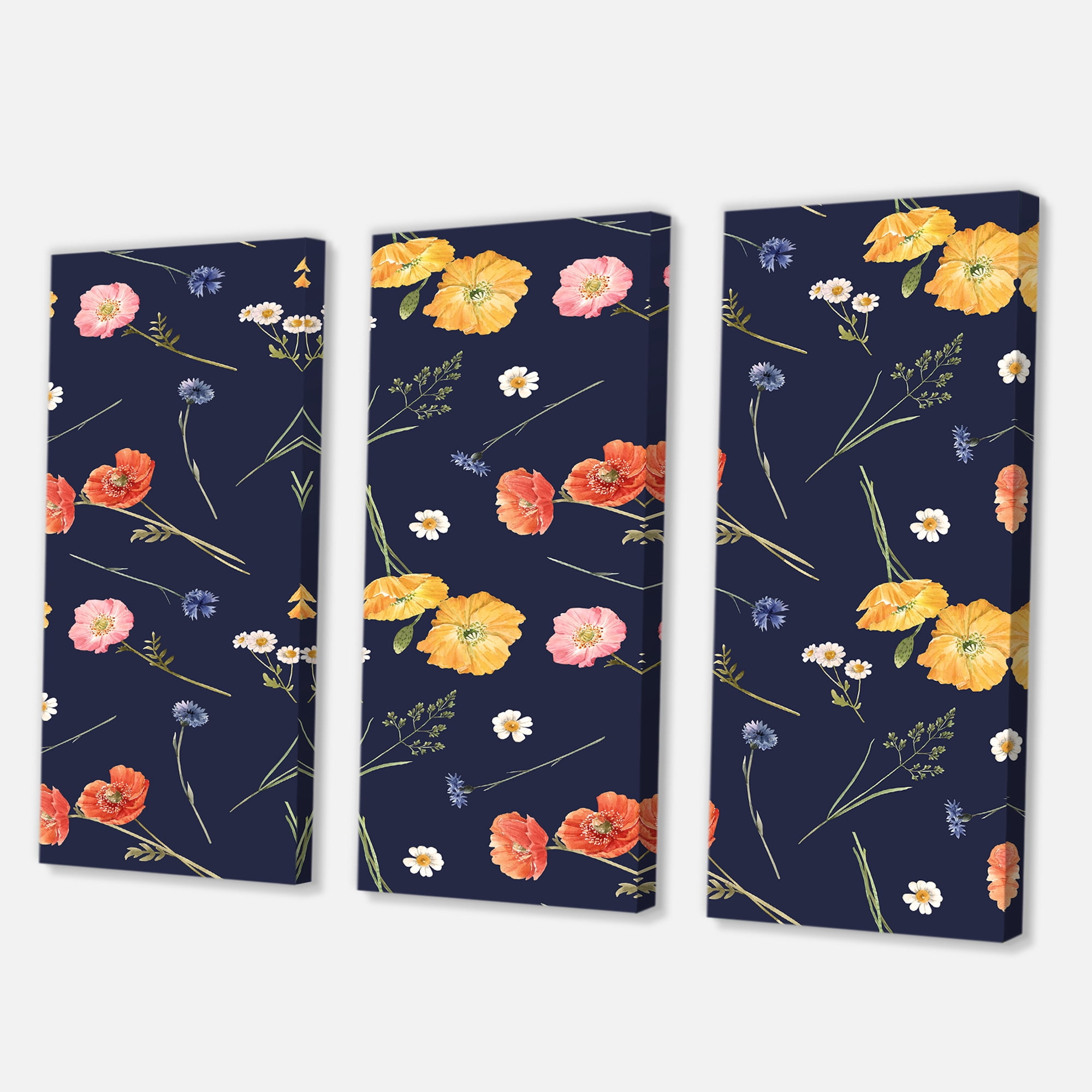 Designart ' Yellow and Orange Wild Flowers On Dark Blue ' Traditional Canvas Wall Art Print
