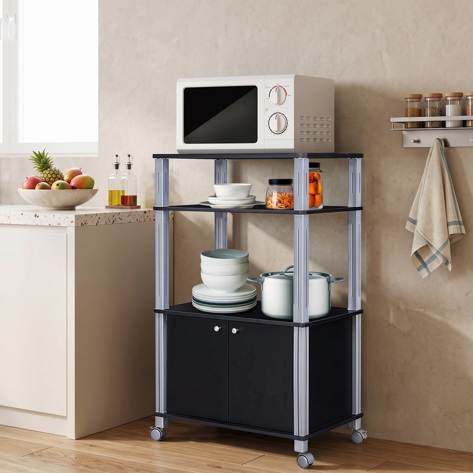 RUIE 3-Tier Microwave Stand with 2-Door Cabinet, Rolling Kitchen Storage Cart for Dining Room, Black