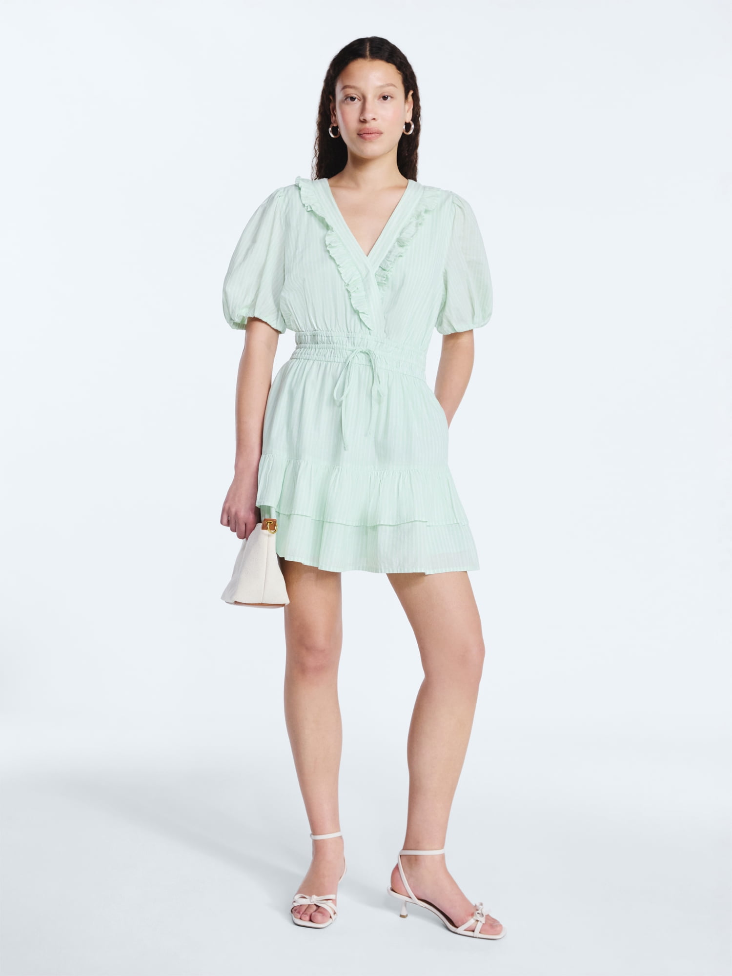 Free Assembly Women's Tiered Ruffle Mini Dress with Short Puff Sleeves, Sizes XS-XXL