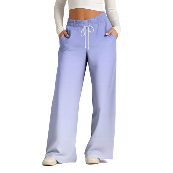 HAOTAGS Women's Causal Sweatpants Drawstring High Waist Gradient Color Baggy Straight Wide Leg Pants with Pockets Light Blue Size L