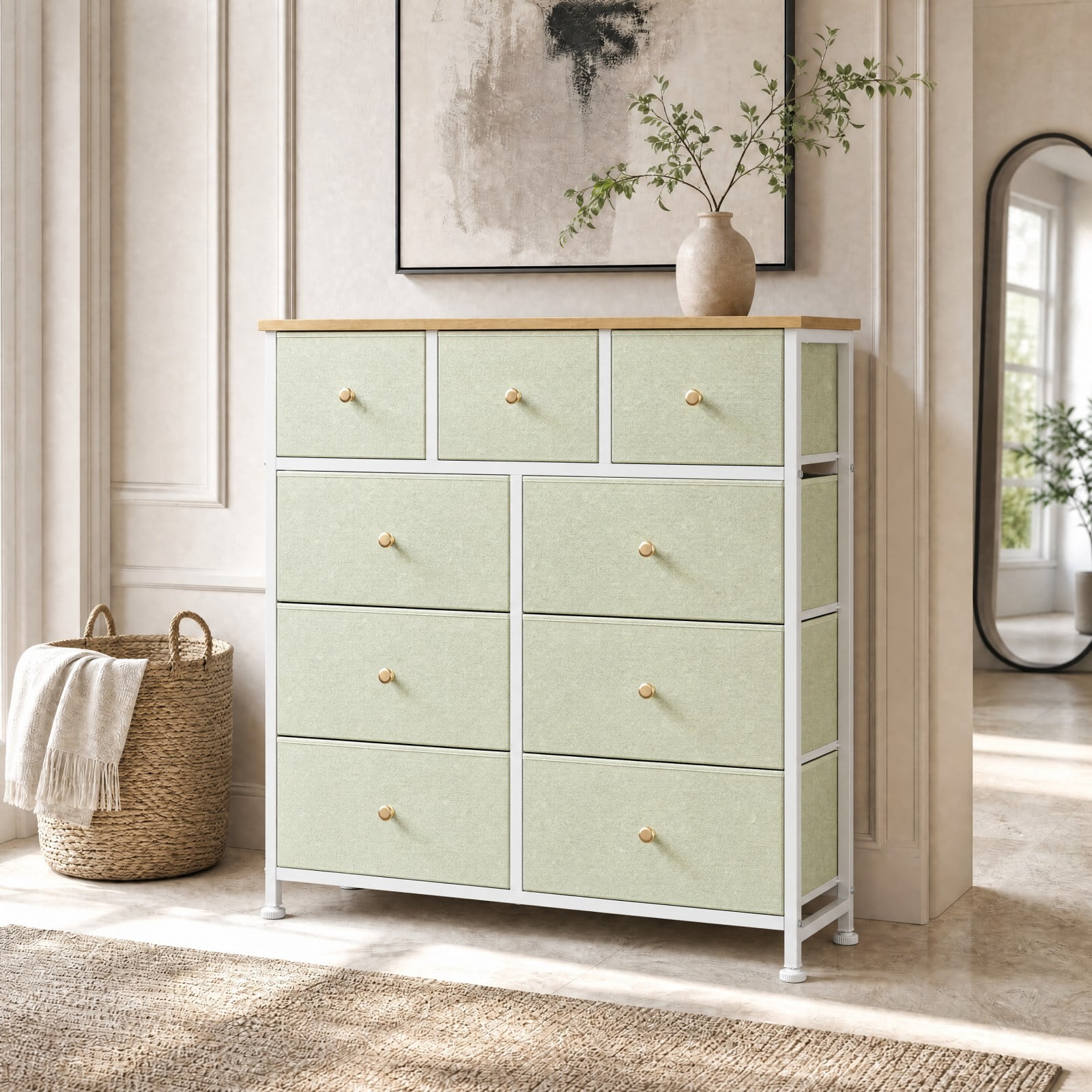 Telyra 9-Drawer Fabric Dresser Tall Storage Tower with Wood Top and Steel Frame Bedroom Closet Organizer, Light Green