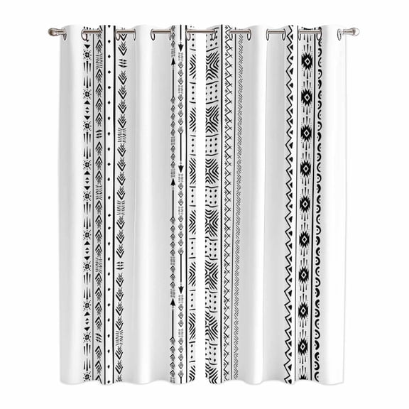 Black Geometric Kitchen Curtains 96 Inch Length, Boho Lines White Modern Abstract Art Grommet Top Bedroom Living Room Curtains, Light Filtering Cafe Curtain Drapes 2 Panels Set 104''x96''