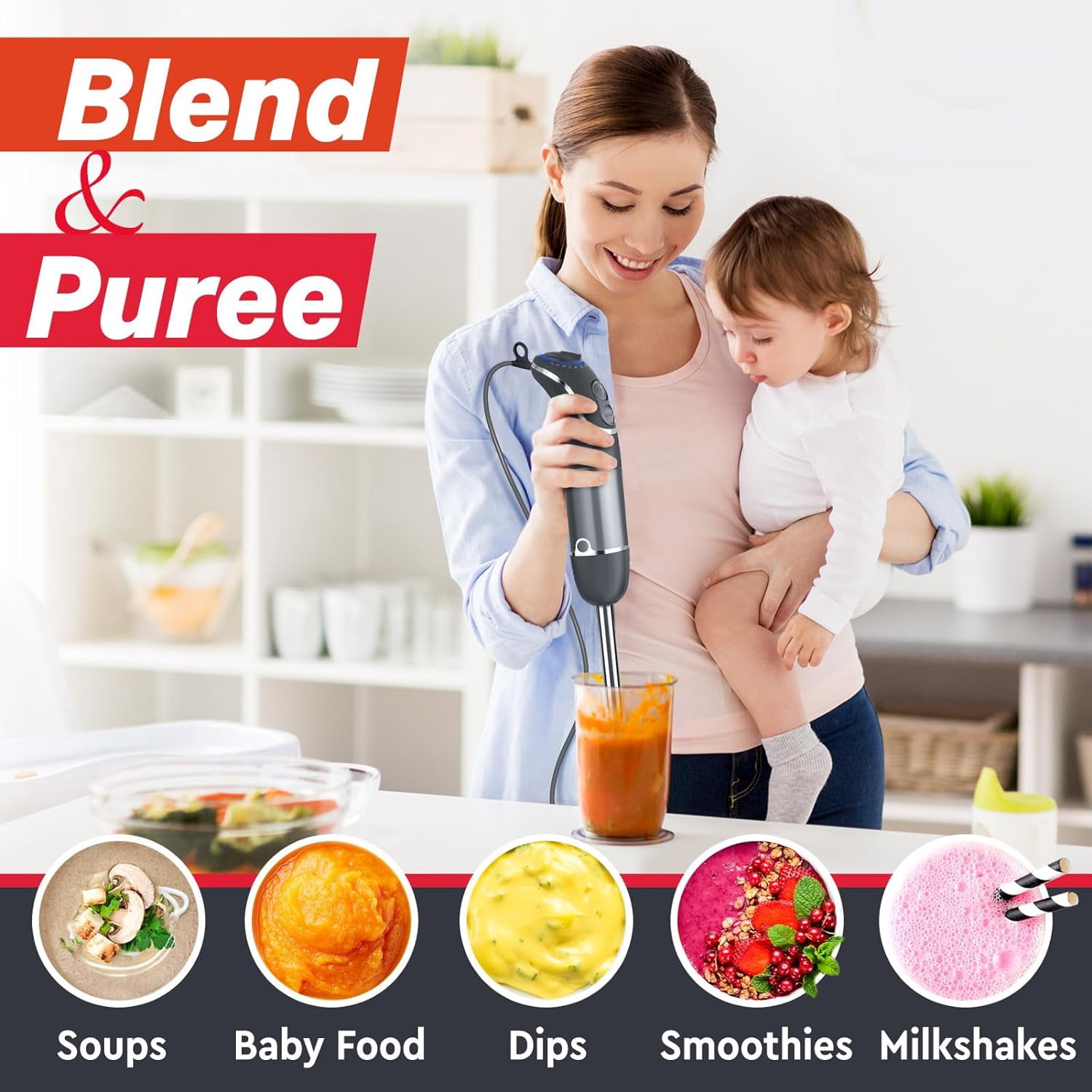Mueller Immersion Blender Handheld, 800W 5-in-1 Stick Blender with Whisk, Frother, Beaker & Chopper, 12 Speeds + Turbo, Electric Hand Held Mixer for Soups, Smoothies & Baby Food, Grey