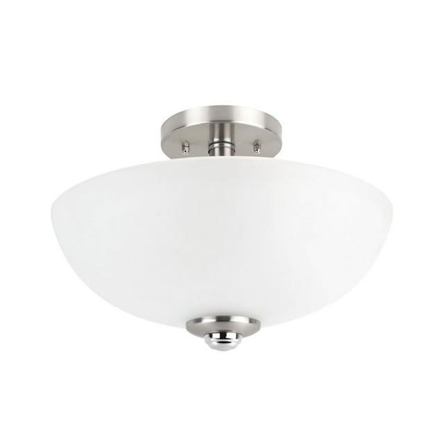Hudson 2-light semi-flush mount ceiling light featuring a white glass shade, brushed nickel base, and chrome accent knob.