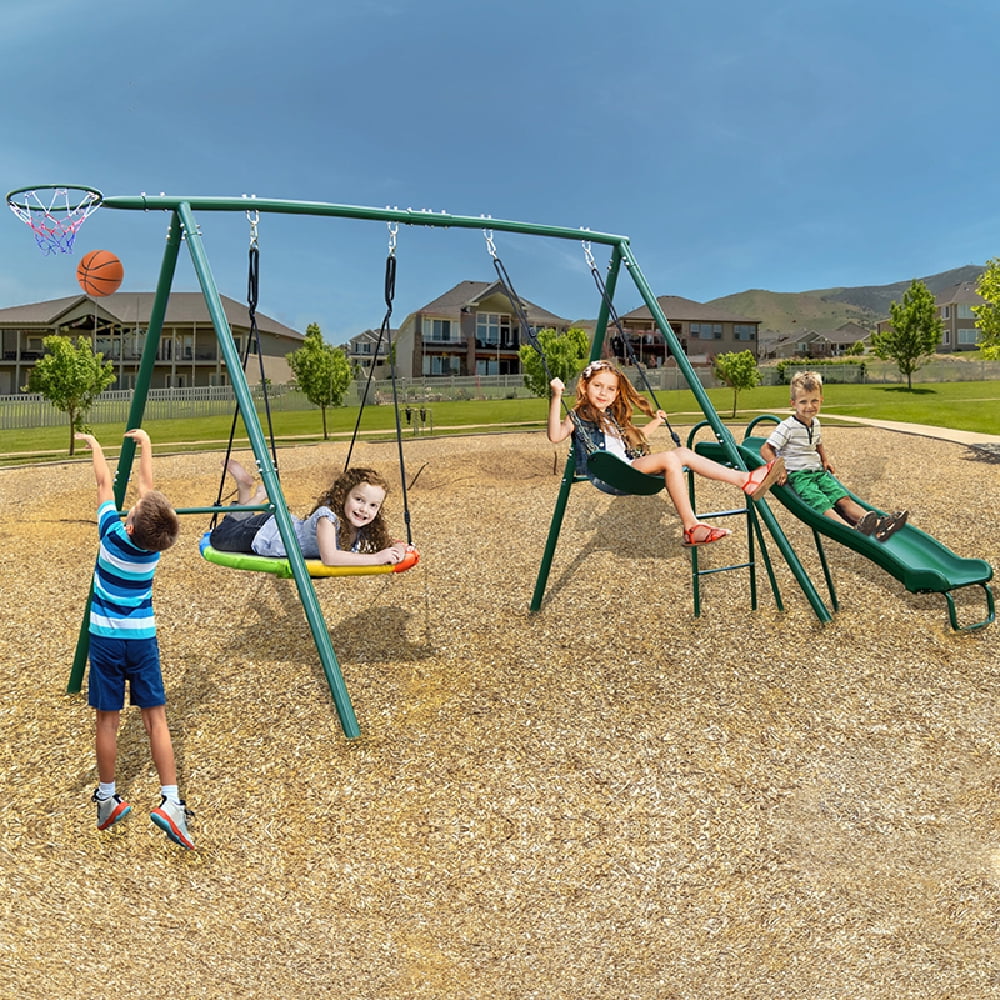 Hapfan Metal Swing Set with Saucer Swing, Belt Swing Seat, Slide, Basketball Hoop, 5 in 1 Outdoor Heavy Duty Combo Swing Set, Backyard Steel Frame Kids Swing - 1