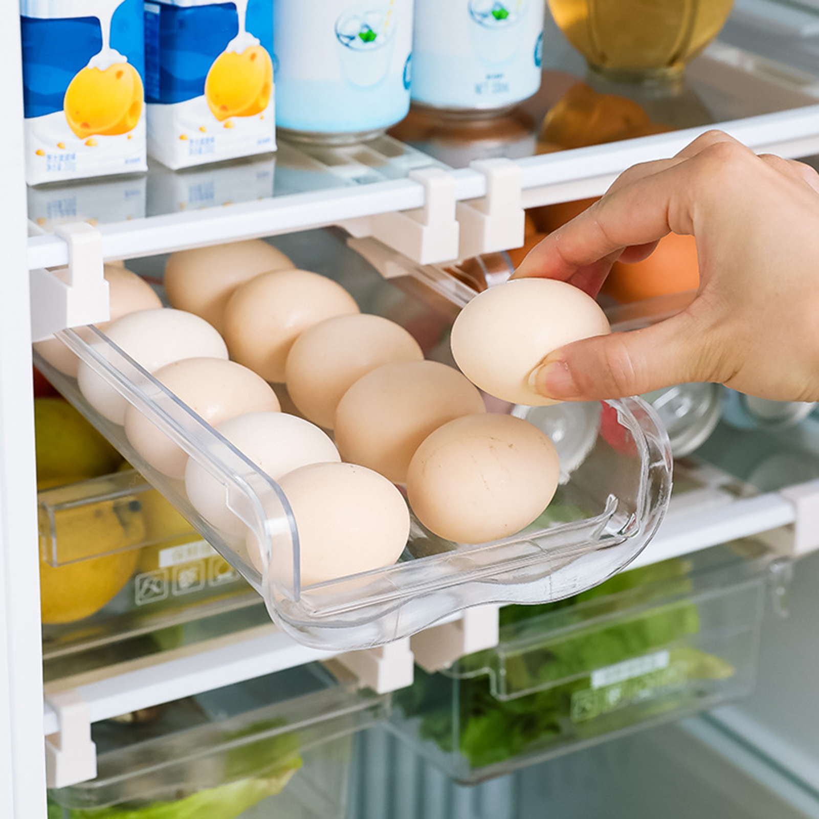 Thsue Fridge Egg Holder, Pull Out Refrigerator Drawer Organizers Fridge Shelf Holder Storage Box Adjustable Snap on Refrigerator Egg Storage Box