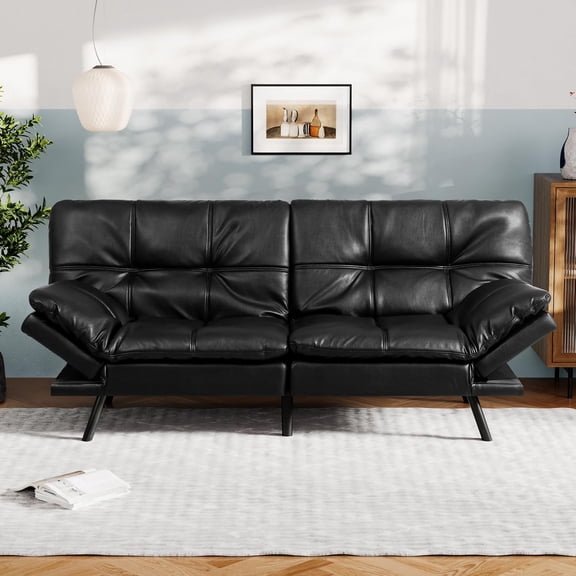 GLZ'HOME Convertible Futon Sofa Bed, Black Faux Leather Futon Couch with Adjustable Backrest & Armrests, Folding Small Recliner Sleeper Sofa Bed for Living Room, Apartment, Office