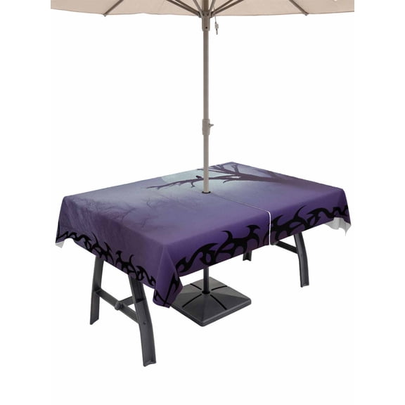 Outdoor Tablecloth with Umbrella Hole for Patio/Picnic/Party/Camping, Foggy Forest Purple Waterproof Table Cloth Rectangle Table Cover Washable, Spooky Branch Tree Crow Bird Moon (60"x 120")