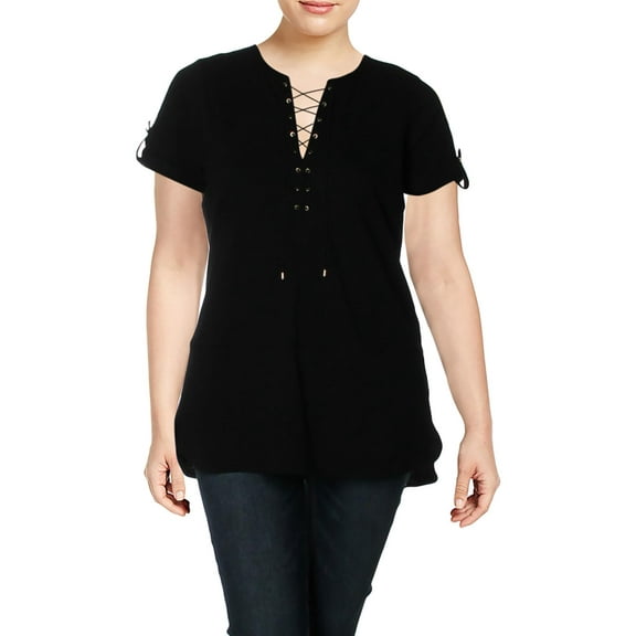 Lauren Ralph Lauren Womens Plus Lace-Up Embellished T-Shirt Black 1X