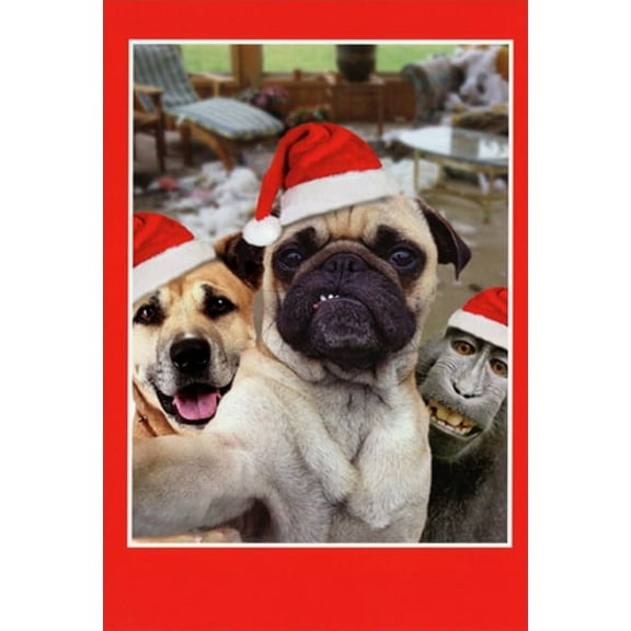 Nobleworks Pug, Golden Retriever and Babboon Selfie Cute Animal Christmas Card (1 card/1 envelope)