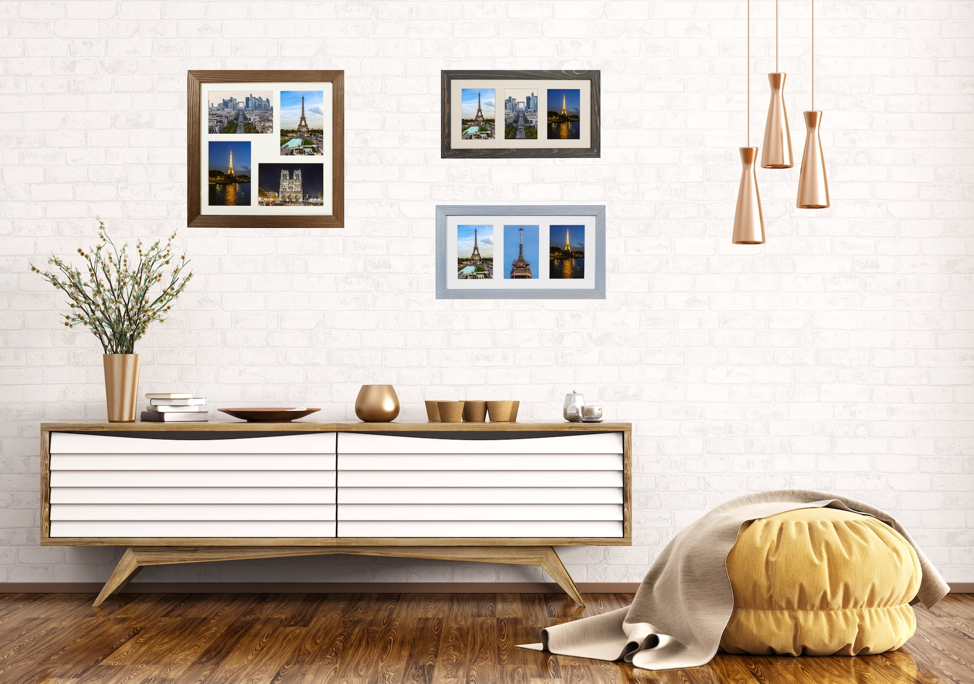 Rustic Solid Wood Collage Photo Frame 8x16 – Display Three (3) 4x6 Pictures with Mat, Horizontal/ Vertical for Wall and Tabletop - Grey