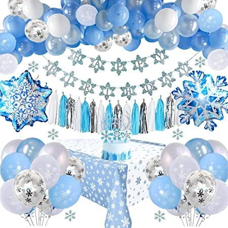 MMTX Princess Frozen Birthday Decoration Set with Snowflake Birthday Banner, Tassels, Blue White Snowflake Confetti Balloon for Girls Birthday Baby Shower Party