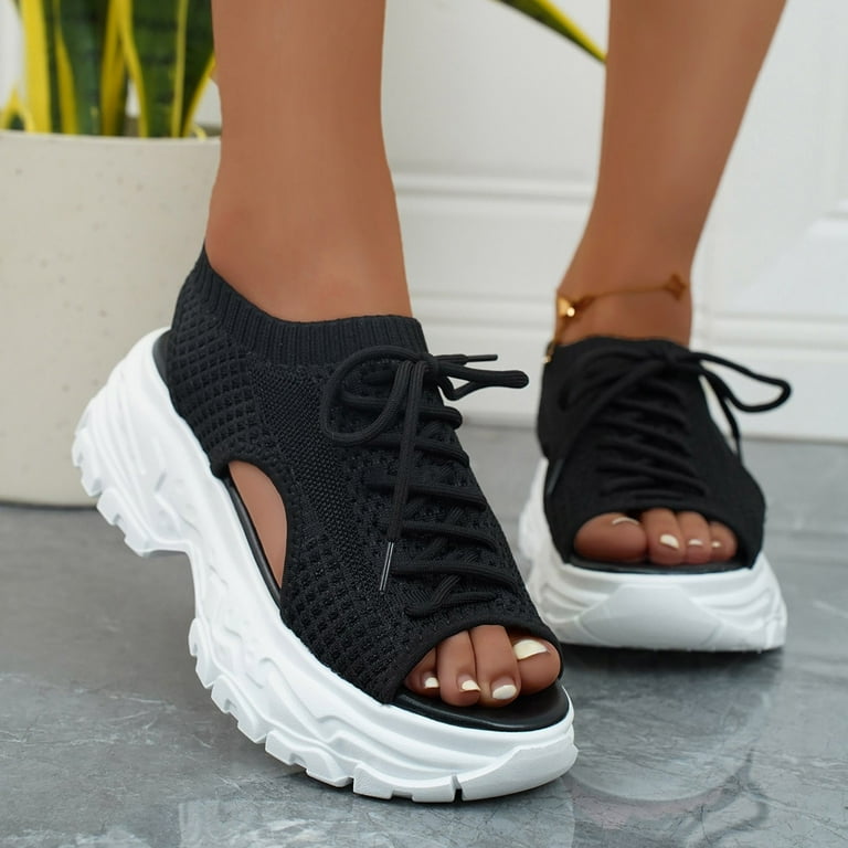 Womens Platform Wedge Sandals Women s Summer Fashion Lace Up Mesh Hollow Out Breathable Sandals Casual Comfortable Solid Color Thick Bottom San Walmart