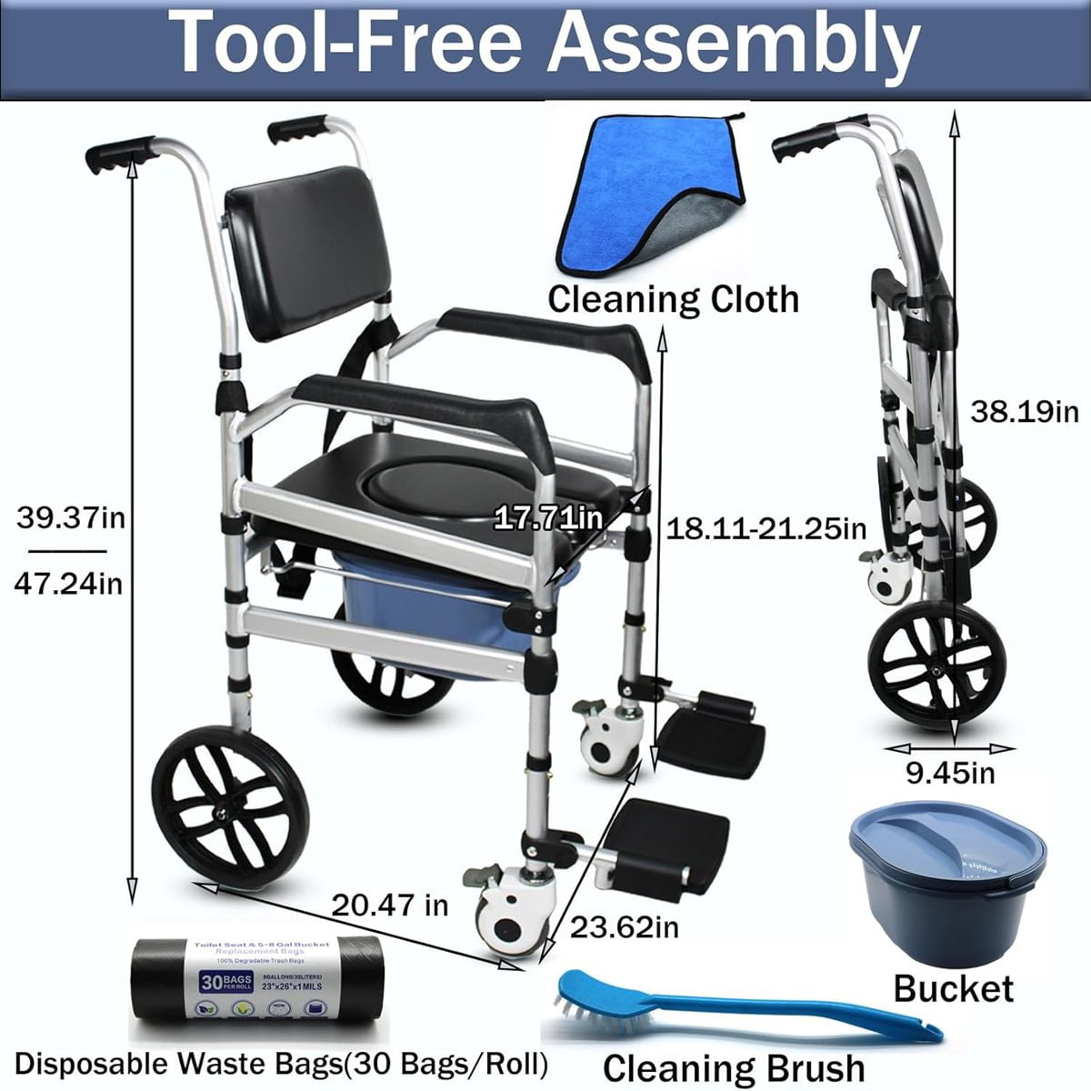 Magicorange Folding Bedside Commode with Bucket & Wheels, 350lbs Load Capacity Padded Mobility Shower Chair with Soft Backrest for Senior & Handicap