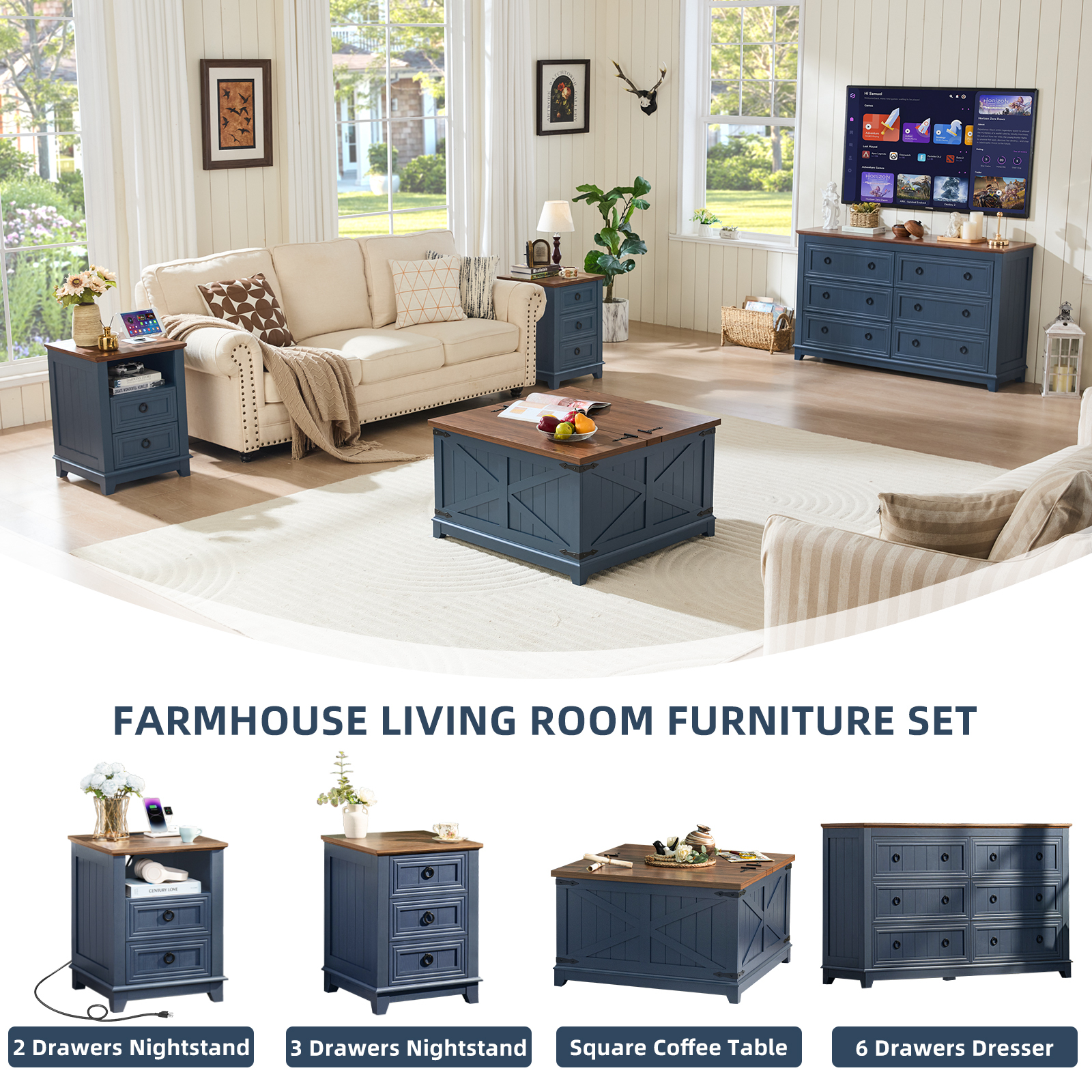 Joaxswe Farmhouse Coffee Table Sets of 3, Large End Side Tables with Charging Station & Coffee Table with Hidden Storage Space, Navy