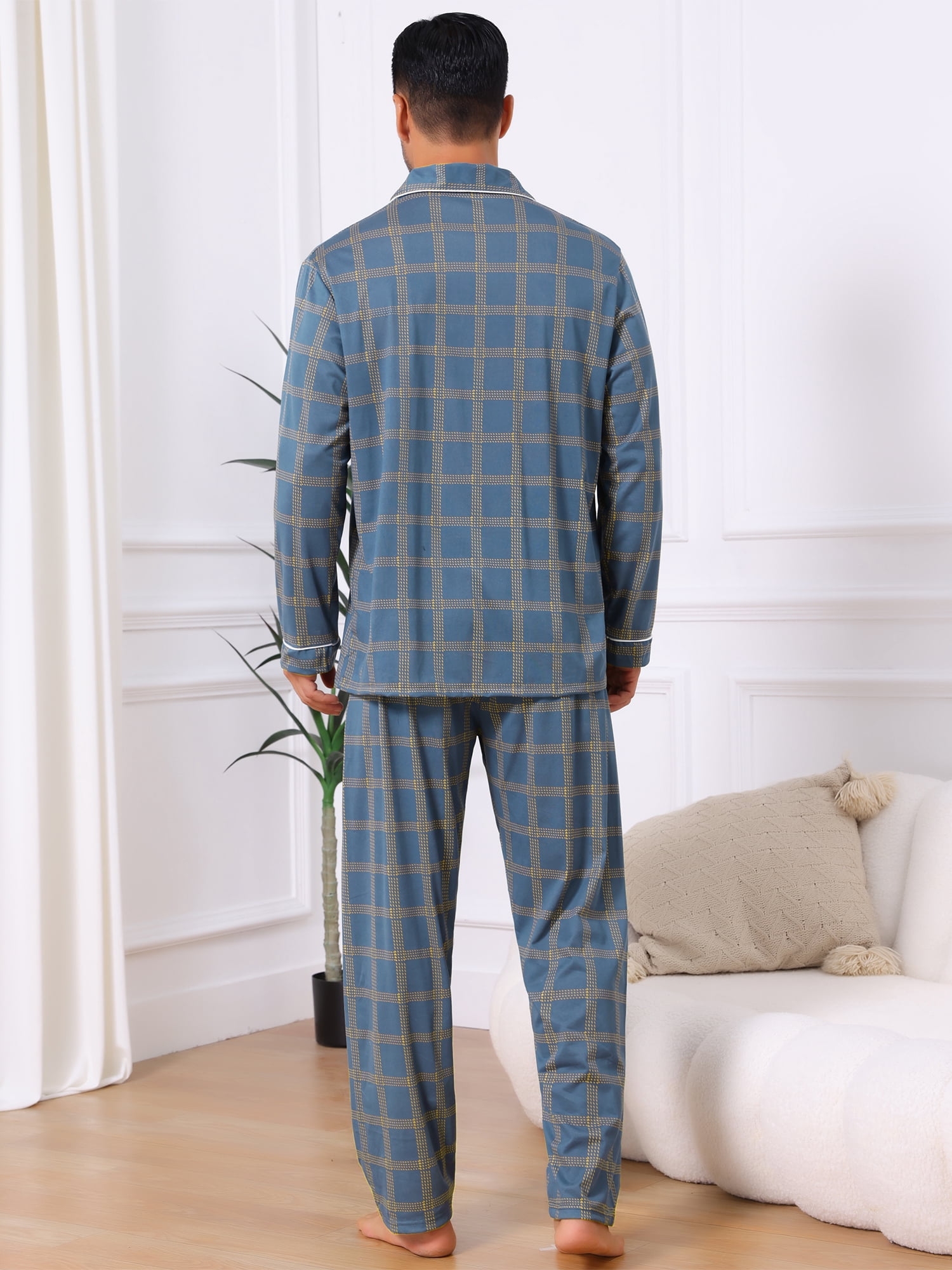 DARING DIVA Men's 2-Piece Long Sleeve Button Down Pocket Pajamas Set S Blue Yellow