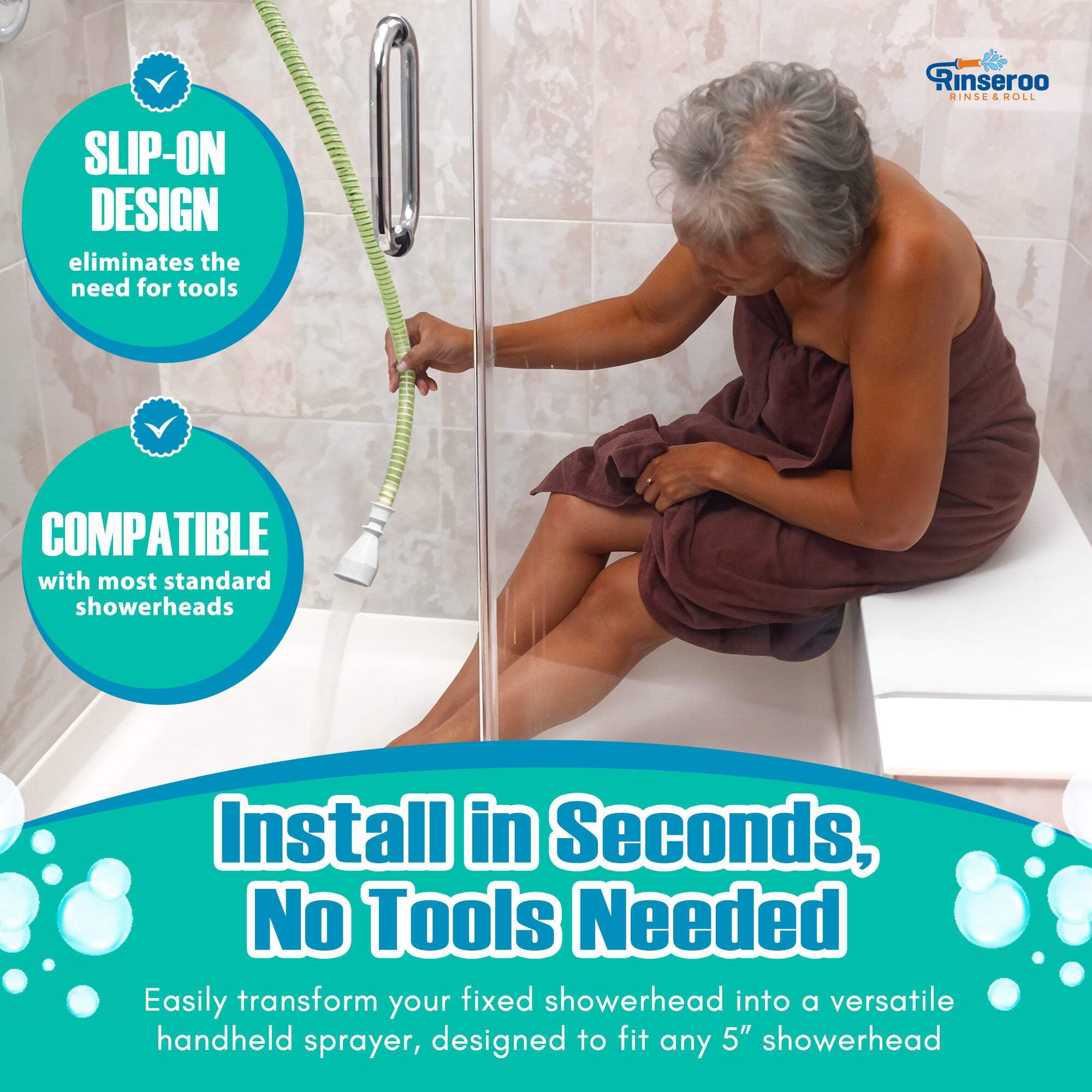 NEW Rinseroo: Slip-On Handheld Shower Attachment Hose w/Spray Head- Removable Extension Arm- Converts Fixed Shower Head into Handheld Bather. Portable, No-Install Shower Hose Wand for Seniors, RV.