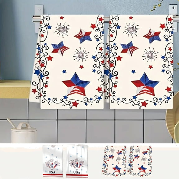2pcs Independence Day Themed Kitchen Towels, Highly Absorbent Cotton Dish Towels, Tea Towels for Cooking Baking, Cleaning Drying, Perfect for Kitchen, Dining and Holiday Use, 26*18in, A