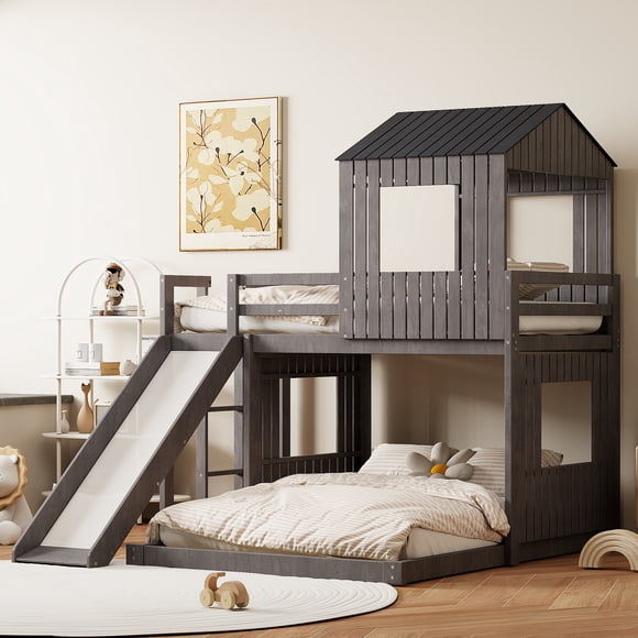 MODERNLUXE Twin Over Full Bunk Bed, Solid Wood House Loft Bed with with Roof, Window, Guardrail and Ladder,Floor Bunk Beds for Kids,Teens, Boys & Girls,Antique Gray