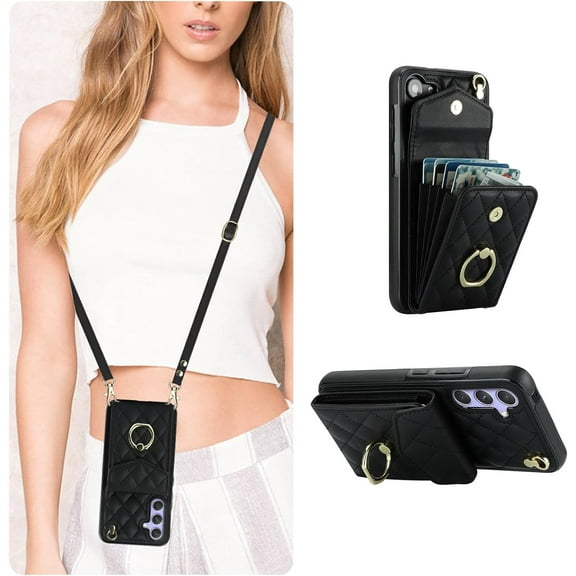 QLTYPRI Crossbody Wallet Case for Samsung Galaxy A16 4G/5G, PU Leather Phone Case with RFID Blocking Card Slots Holder Ring Kickstand Wrist Strap Lanyard Handbag Purse Cover for Samsung A16 - Black