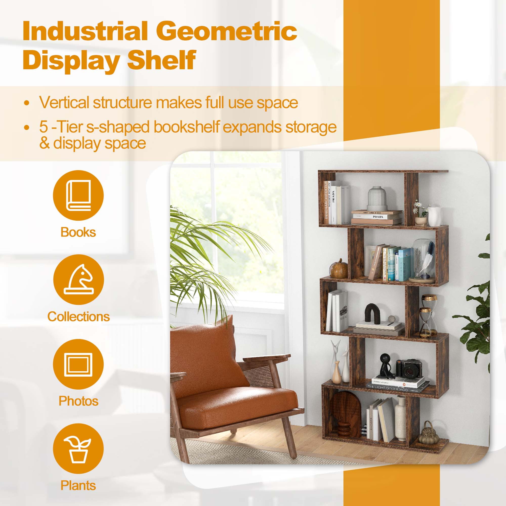 Costway 1 PC 5-Tier Bookshelf Geometric S-Shaped Bookcase Room Divider Storage Display Shelf Brown
