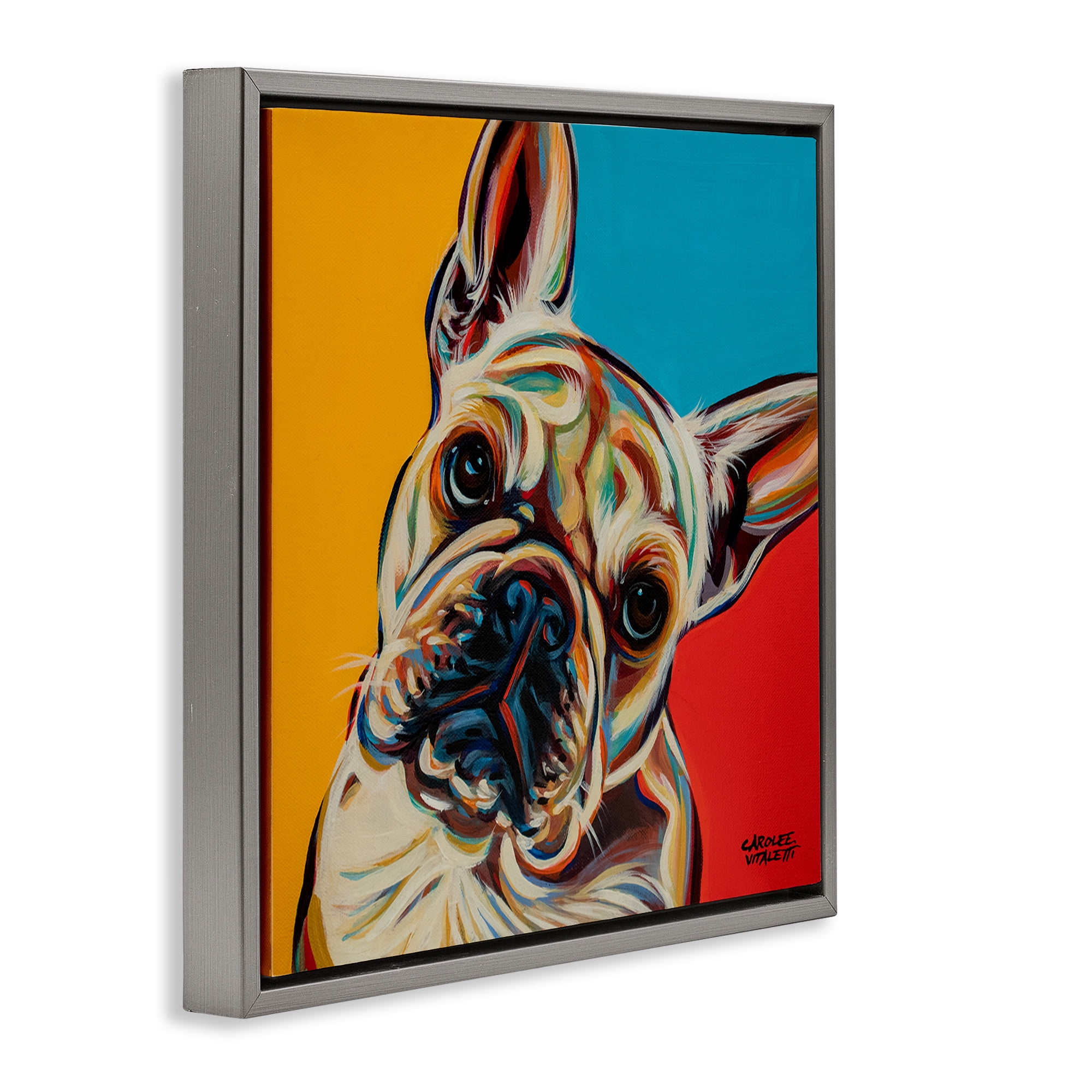 Stupell Industries French Bulldog Pop Portrait Animals & Insects Painting Gray Floater Framed Canvas Art Print Wall Art, 25 x 25