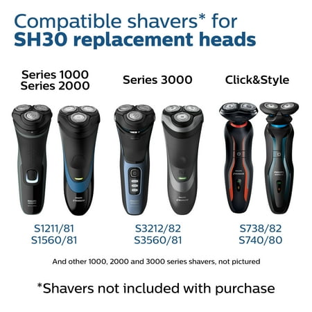 Philips Norelco Shaving Heads for Shaver Series 3000, 2000, 1000 and Click & Style, SH30/52 - Silver