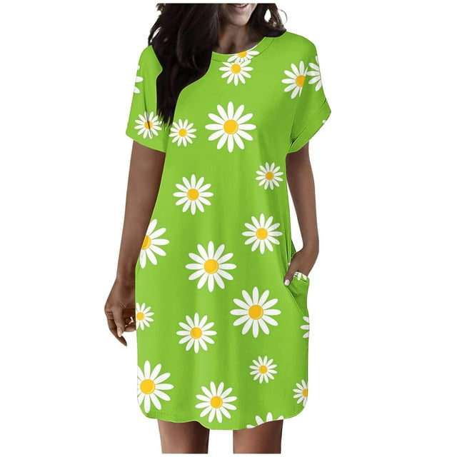 Robe d'Été Décontractée pour Femmes, Robe d'Été pour Femmes, Robe d'Été Décontractée Imprimée Col Rond Sans Manches avec Poches, Robe d'Été Décontractée