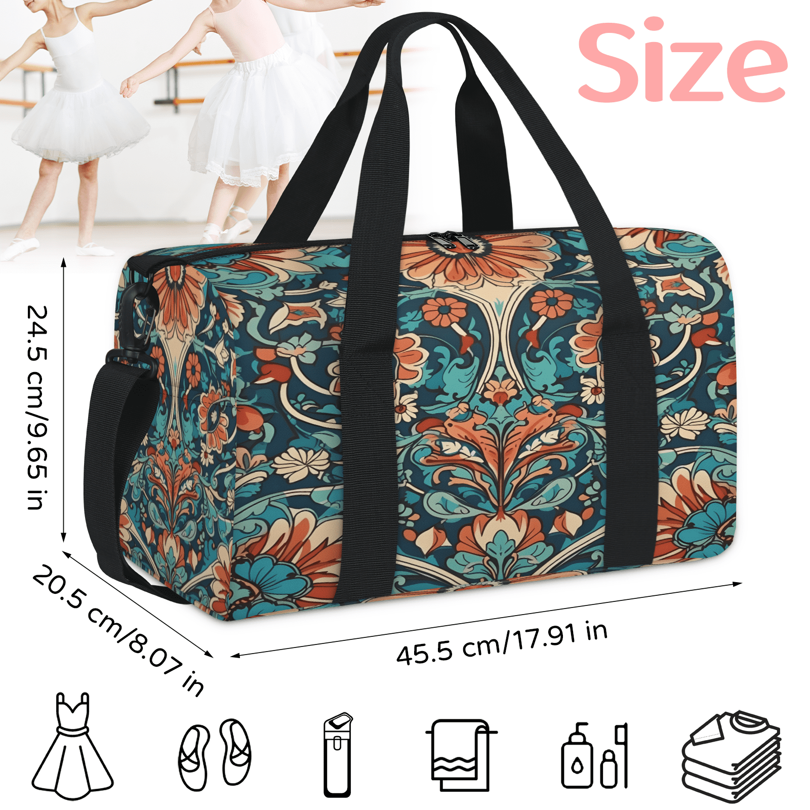 Herdesigns Bohemia Floral Gym Bag for Women, Duffle Bag for Travel Sport, Boho Vintage Lightweight Waterproof Carry on Weekender Dance Yoga Workout Bags