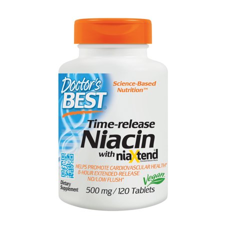 Niacin Time Timed Release Doctor's Best Time-release Niacin with niaxtend, Non-GMO, Vegan, Gluten Free, 500 mg, 120 Tablets ()