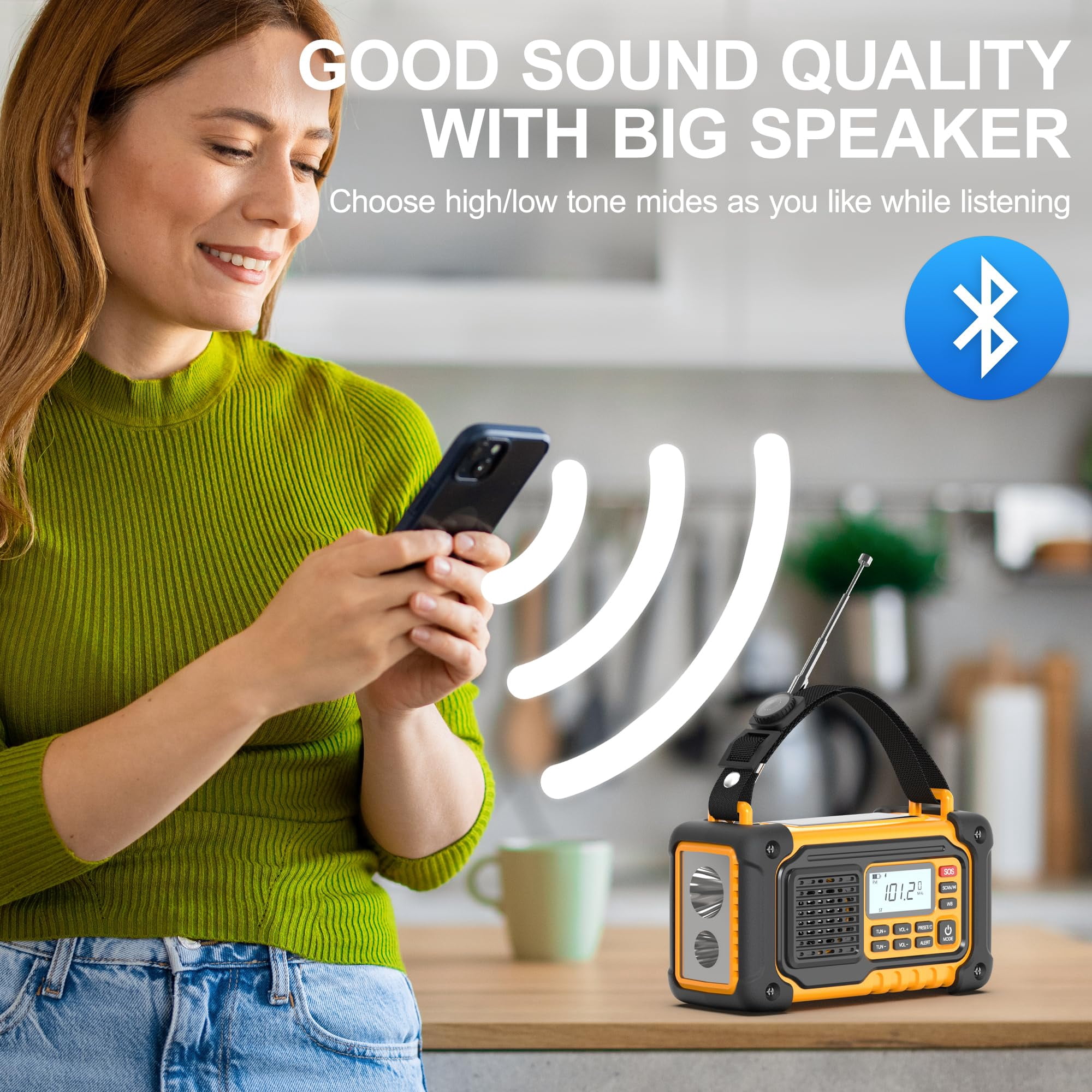 Emergency Weather Radio  Am/fm/sw/noaa Hand Crank With 37000mwh/10000mah Portable Large Capacity Usb/solar/hand Charging Aaa Operated Sos Alarm & Flashlight (yellow)