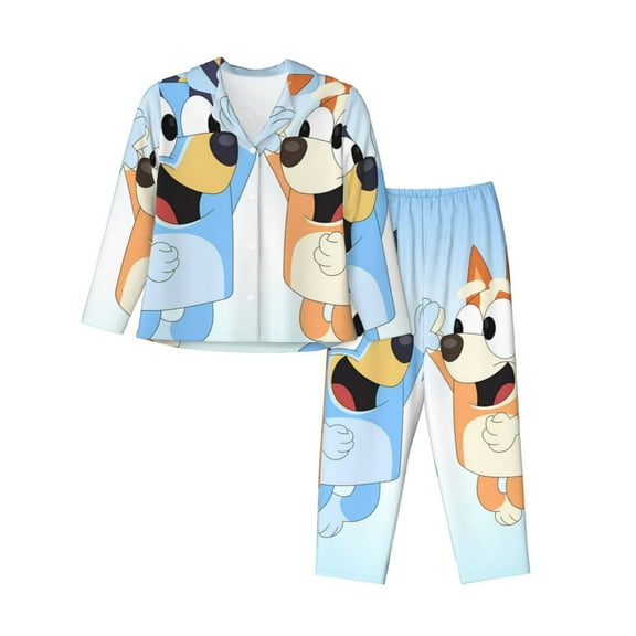 Silaia Bluey Print Women 2 Piece Pajama Set,Button Down Long Sleeve Sleepwear,Pjs Loungewear Sleepwear,Pj Lounge Sets-Medium
